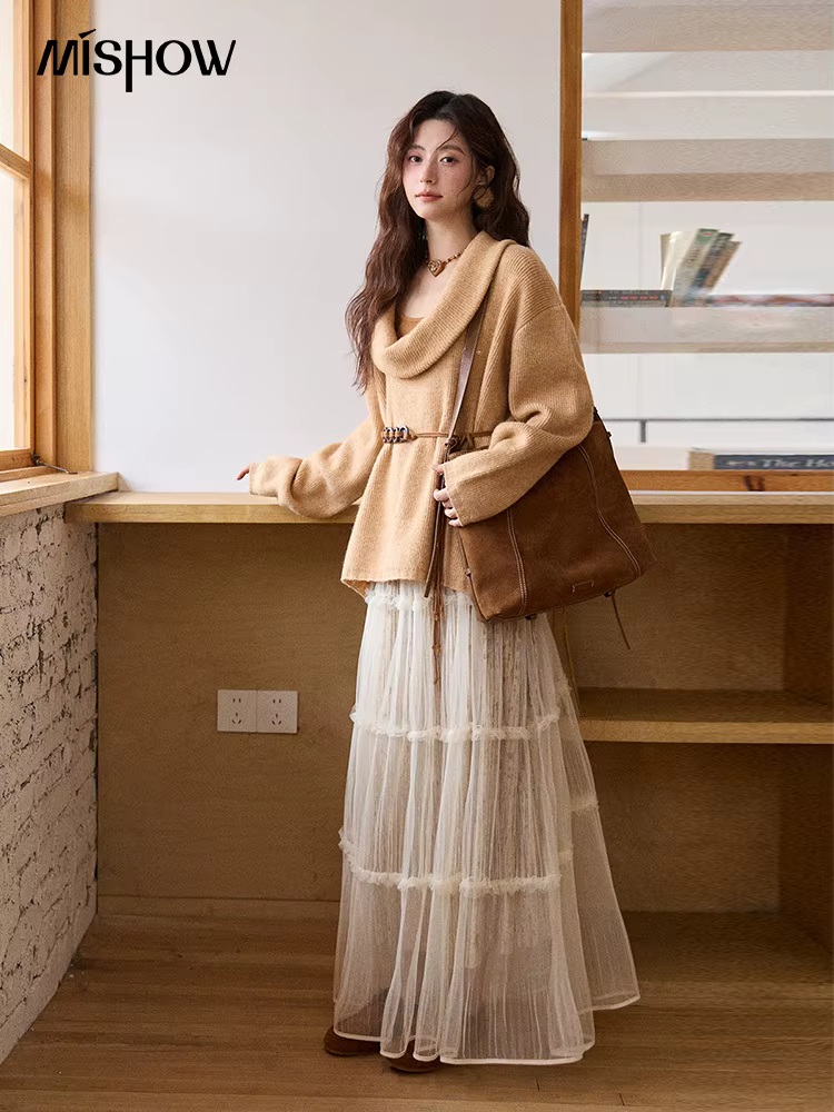 MISHOW femmes Orange pull 2025 hiver Style français luxe ample à manches longues