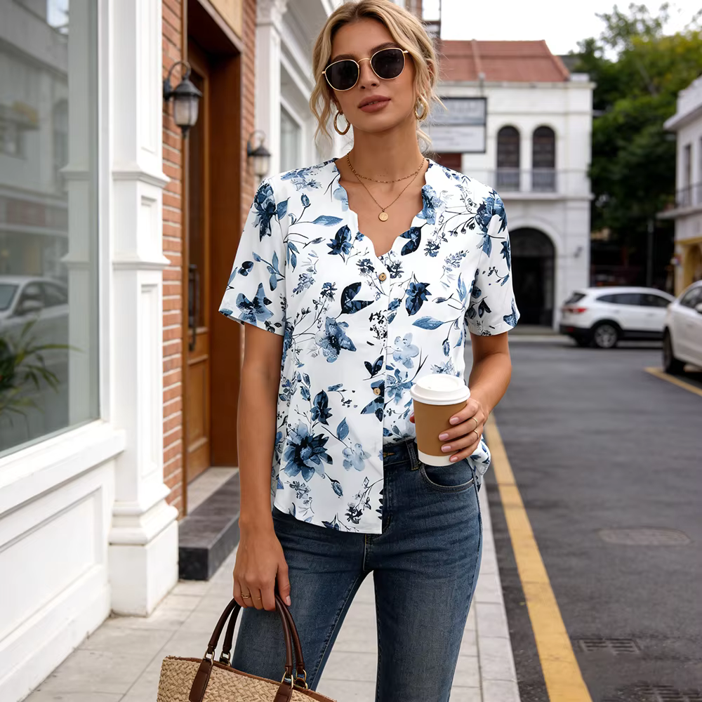 T-shirt à col en V à imprimé floral bleu et blanc - Blouse décontractée à manches courtes avec détails boutonnés pour femmes
