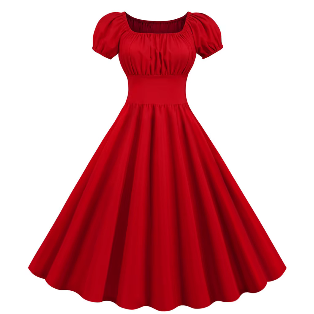 Robe d'été rouge à col carré pour femmes, col en V, grande balançoire, Vintage, élégante, rétro, Pin up, robes de soirée mi-longues