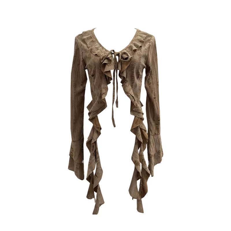 ISAROSE Wasteland Style Cardigan pour femmes Punk printemps automne couleur unie évasé manches longues avant à lacets à volants déchiré hauts