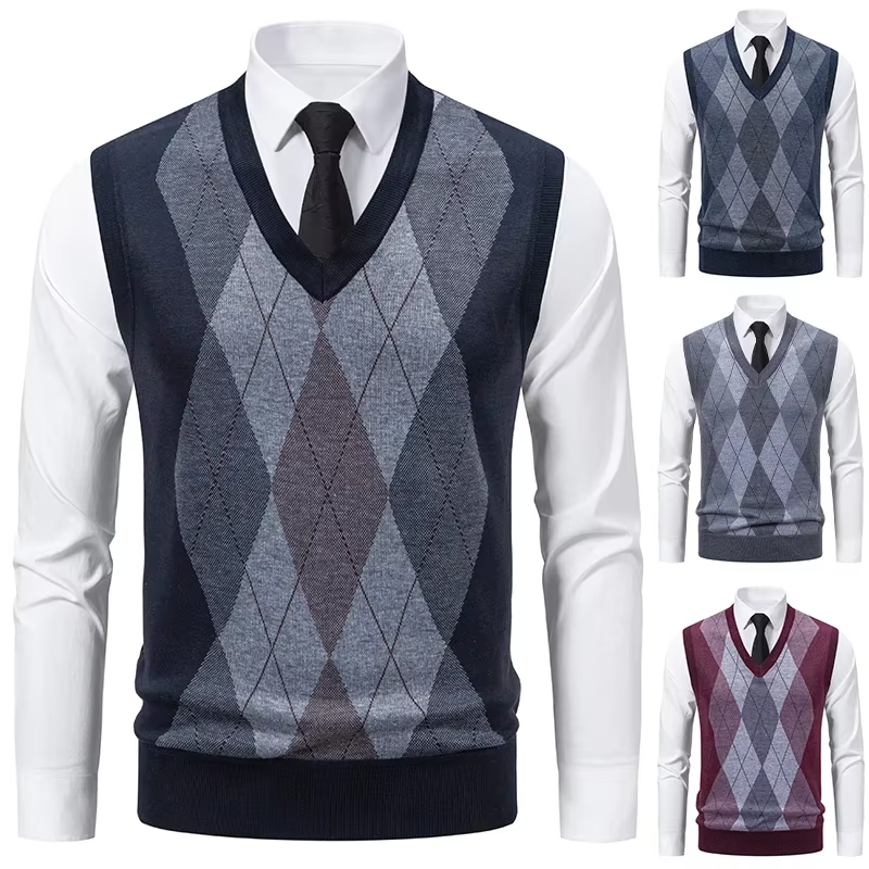 Pull tricoté à col en v pour hommes, chaud, décontracté, mode, grille de diamant, Design de fleurs torsadées, haut polyvalent, nouvelle collection automne hiver