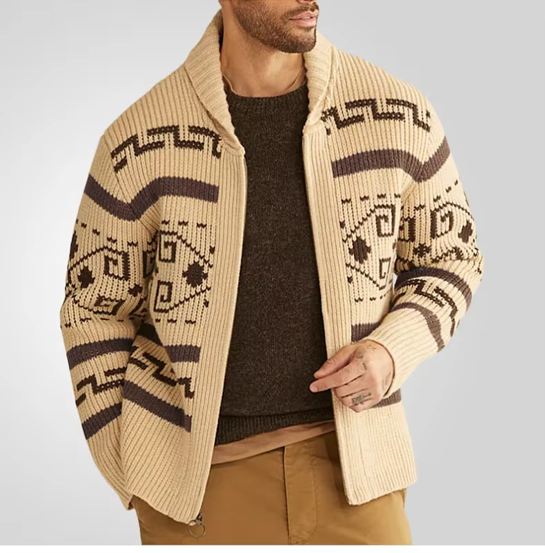 Cardigan tricoté pour hommes, manteau à fermeture éclair, manches longues, col rabattu, imprimé, épais, Slim Fit, point ouvert, automne hiver