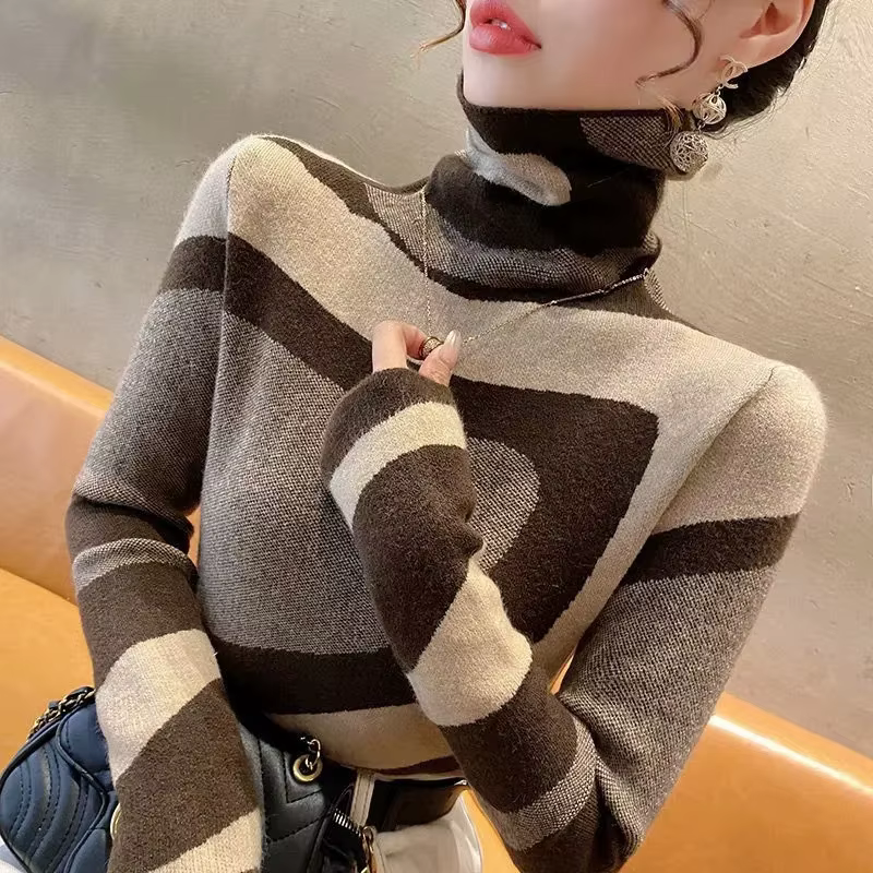 Femmes col roulé couleur bloc tricoté pull nouveau mince mode tout-match Vintage laine pulls décontracté doux tricots