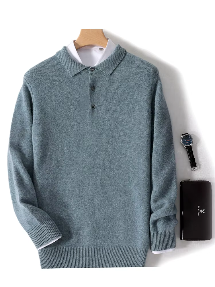 Pull à col POLO pour hommes, épais, manches longues, pulls d'affaires, 100% laine mérinos, chemise en tricot, vêtements de base, nouvelle collection automne hiver