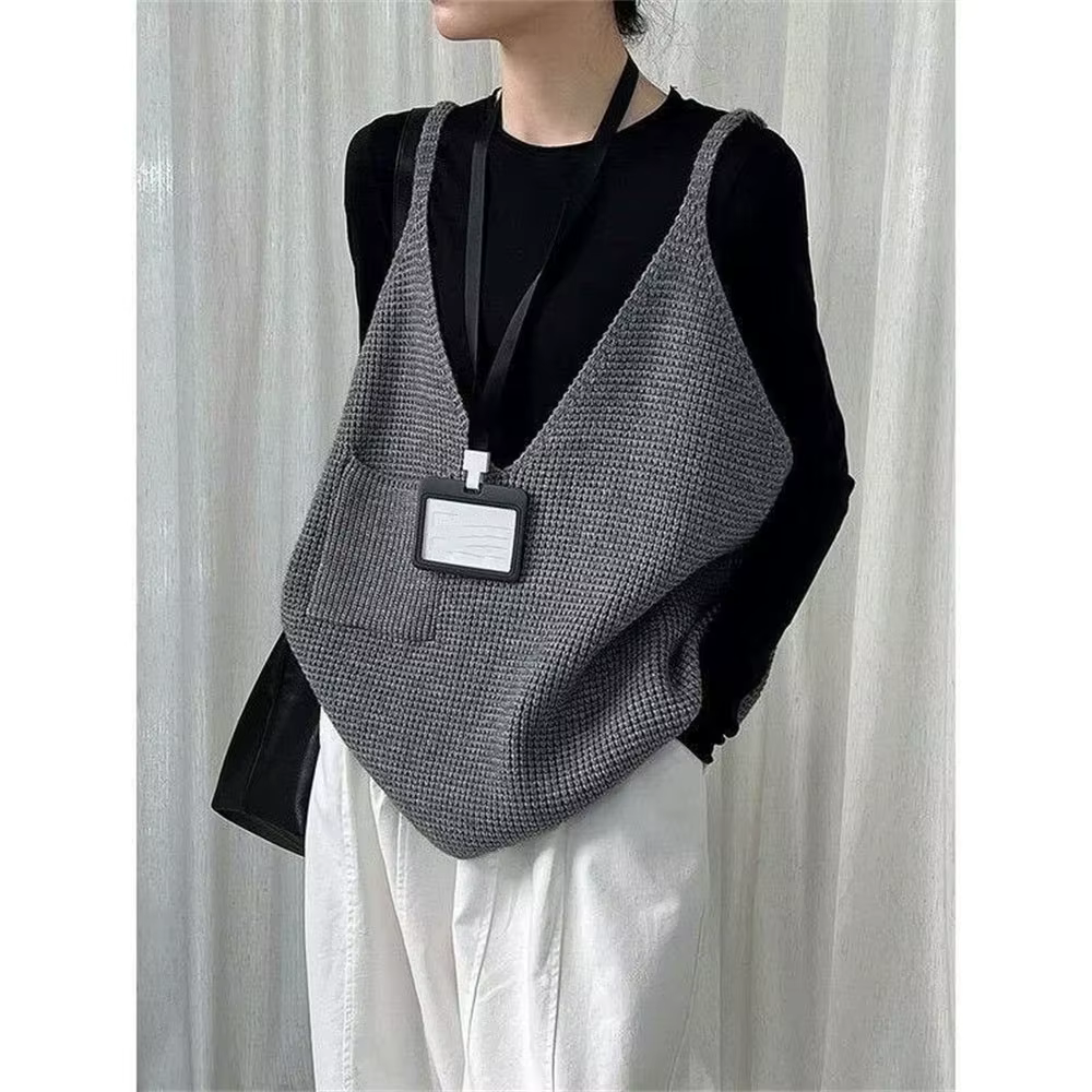 Femmes noir gris surdimensionné décontracté tricot gilet nouveau col en V sans manches pull mode printemps automne