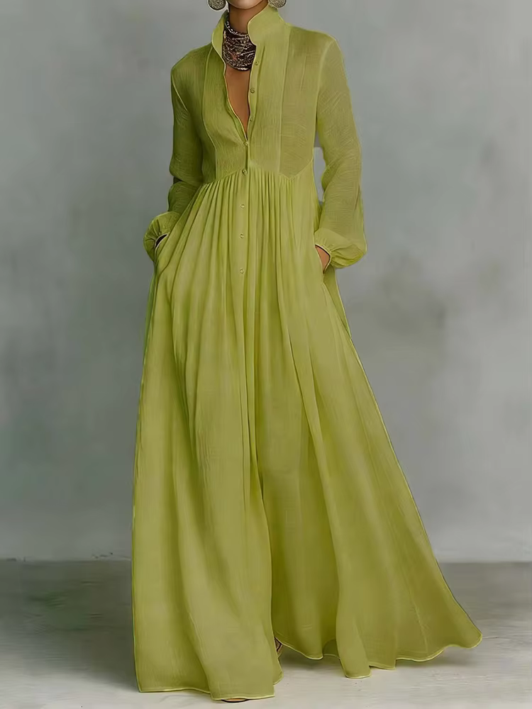 Robe de soirée élégante à col montant et manches longues, Nouvelles robes décontractées unies pour femmes Printemps 2026, Robes à poches pour femmes à simple boutonnage