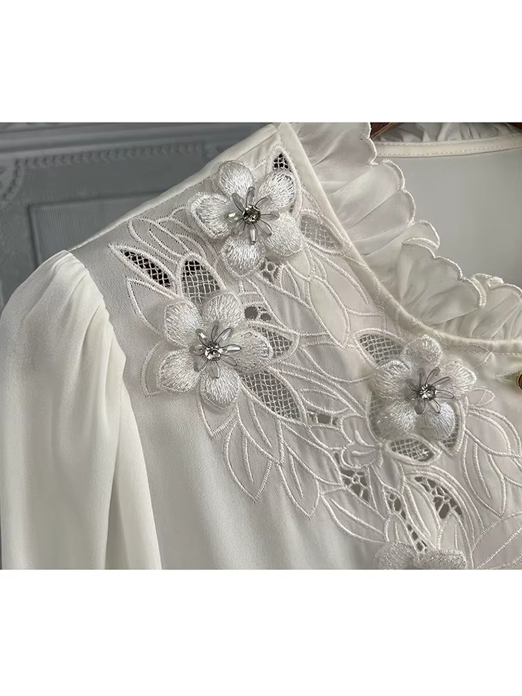 QOERLIN – chemisier de luxe en mousseline de soie pour femme, Chic, coréen, ajouré, élégant, col à volants, broderie florale