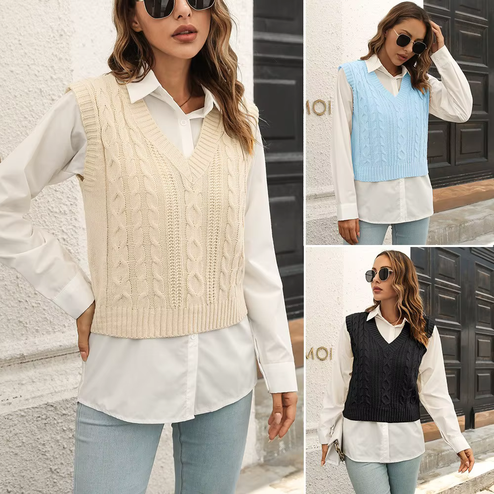 Gilet pull femme col en V en tricot beige
