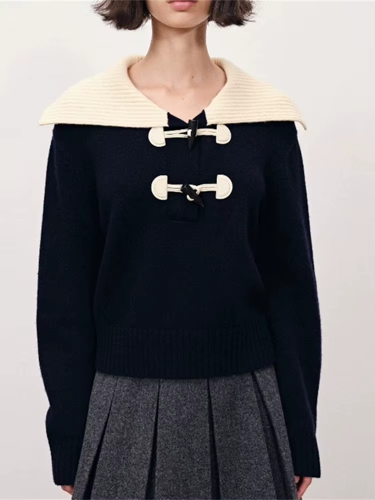 Pull tricoté en laine pour femmes, couleur contrastée, col marin, manches longues, boucle en corne, court, haut en tricot