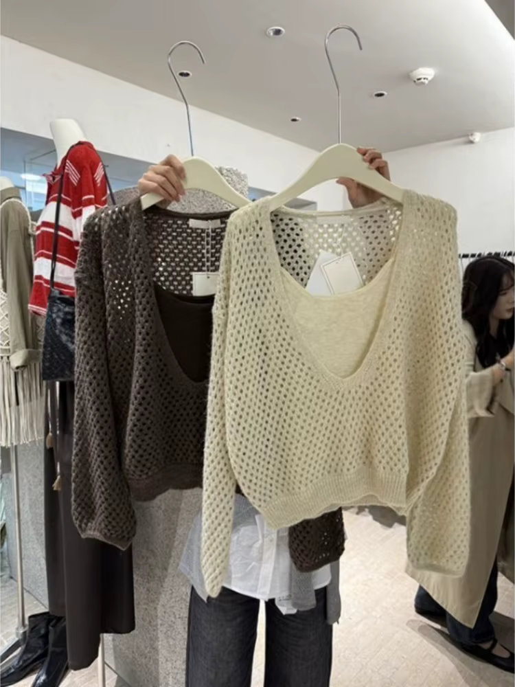 Pulls coréens 2 pièces ensembles évider tricot Pull coupe ajustée fronde gilet costume Sueter Mujer décontracté mode