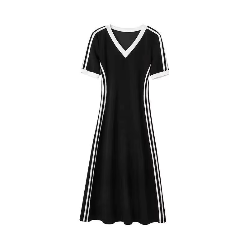 Robe longue élégante à col montant et col en V, manches courtes, style français, nouvelle collection Printemps-Été 2026, taille ajustée