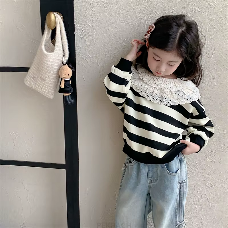 Sweat-shirt élégant à rayures noires et blanches pour enfants de 2 à 9 ans, avec col en dentelle, tenue pour nourrissons filles, vêtements de printemps et d'automne en coton