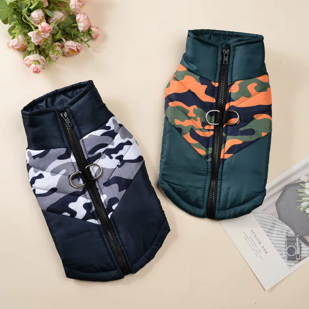 Gilet imprimé camouflage pour animaux de compagnie, vêtements d'hiver chauds et coupe-vent pour chiens et chats de petite et moyenne taille, manteau pour bouledogue et chihuahua