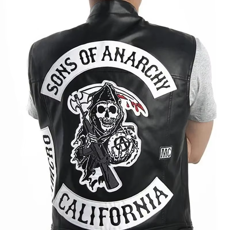 Gilet en cuir pour hommes, Costume de Cosplay de moto, veste sans manches, Sons An broderie Rock Punk, gilet en PU, col en V ukh