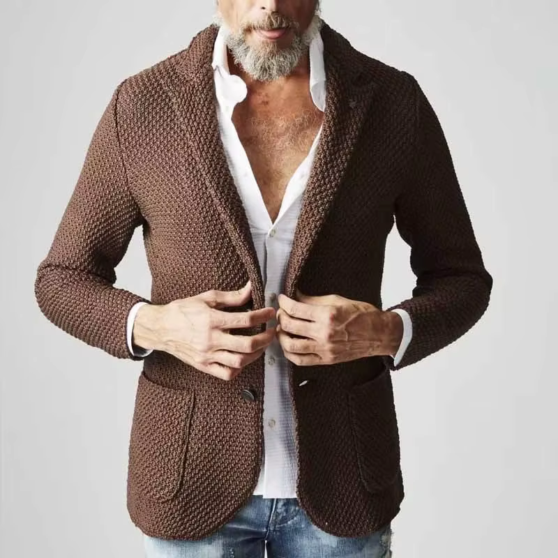 Vintage boutonné revers tricot vestes hommes printemps automne décontracté couleur unie texturé tricoté Cardigans hommes mode mince vêtements d'extérieur