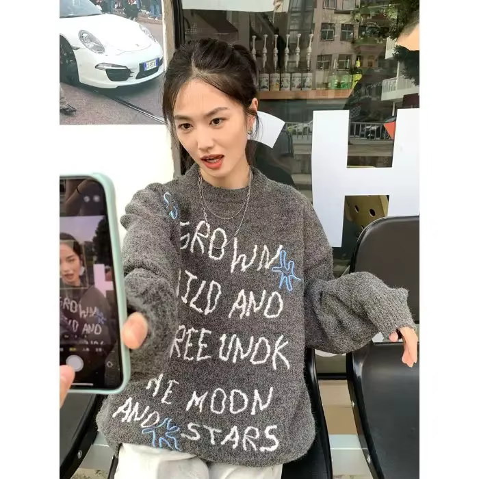 Korejpaa pull femmes automne hiver mode coréenne lettre brodée col rond tricoté