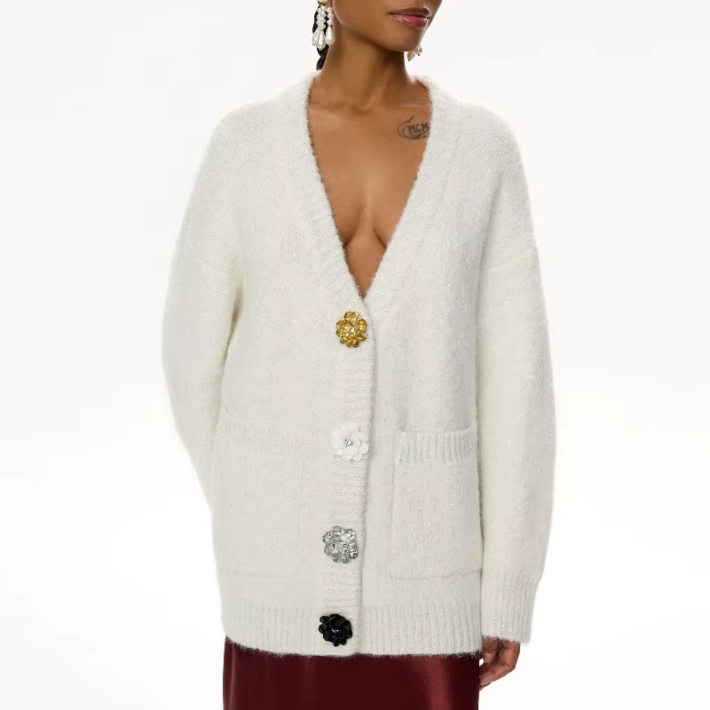 Cardigan à col en v, veste en laine, nouveau design ample, pull avec boucle en métal, printemps et automne