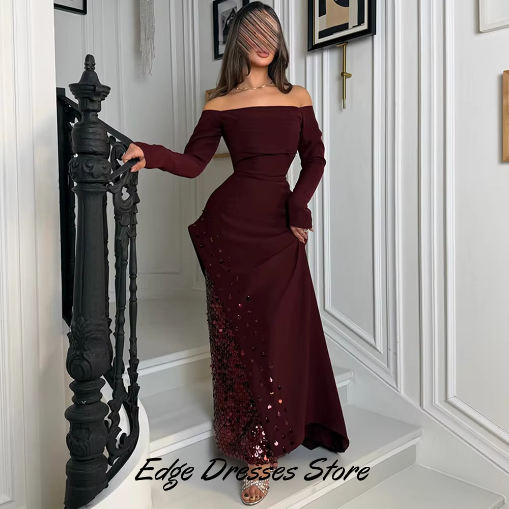 Robe de soirée rêveuse à col bateau et manches longues, scintillante, personnalisée, à sequins, robe de bal de promo, robe sirène classique en jersey, robes de célébrités