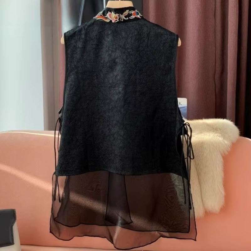 Style chinois femmes gilet manteaux Patchwork gaze broderie