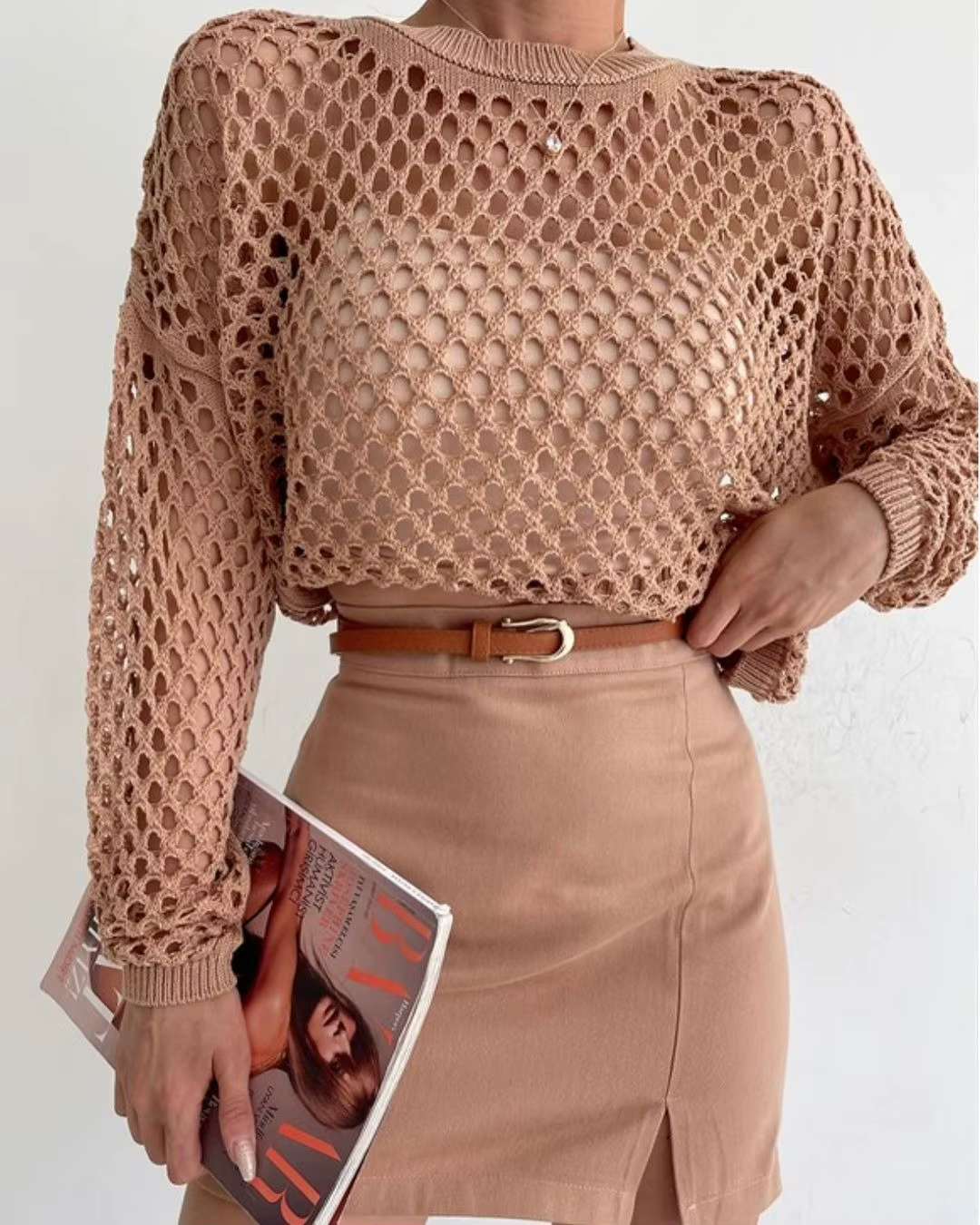 Pull ample à manches évasées et col rond pour femme, tricot ajouré