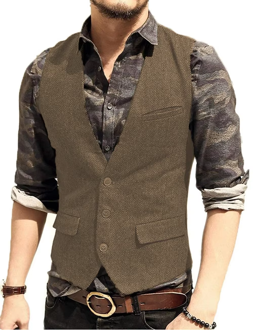 Gilet de Costume Homme 2025 Col en V Coupe Slim Motif Tweed pour Garçons d'Honneur Tenue de Mariage et de Fête Veste Décontractée Tendance