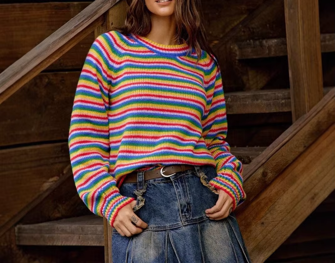 Pull rayé arc-en-ciel, haut tricoté rétro