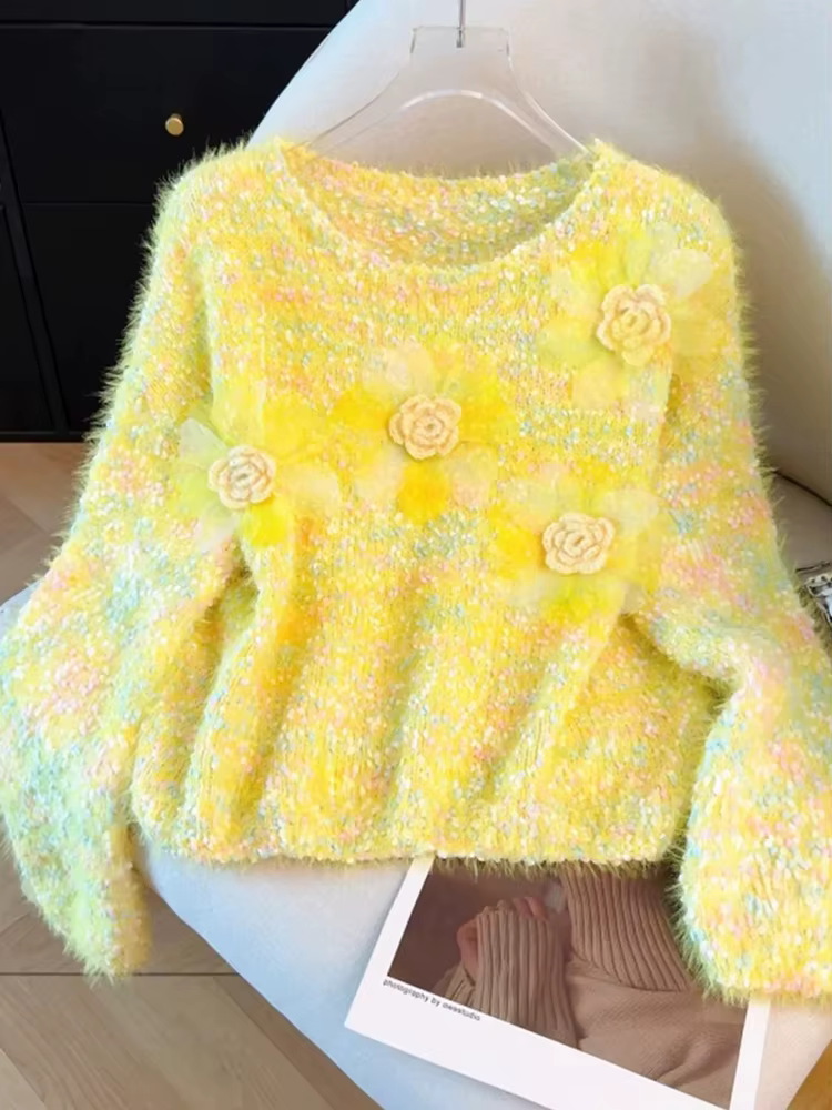Pull-over élégant pour femme, couleurs douces, coupe ample, style décontracté, motif floral 3D, mignon, mode automne, manches longues, col rond, tendance