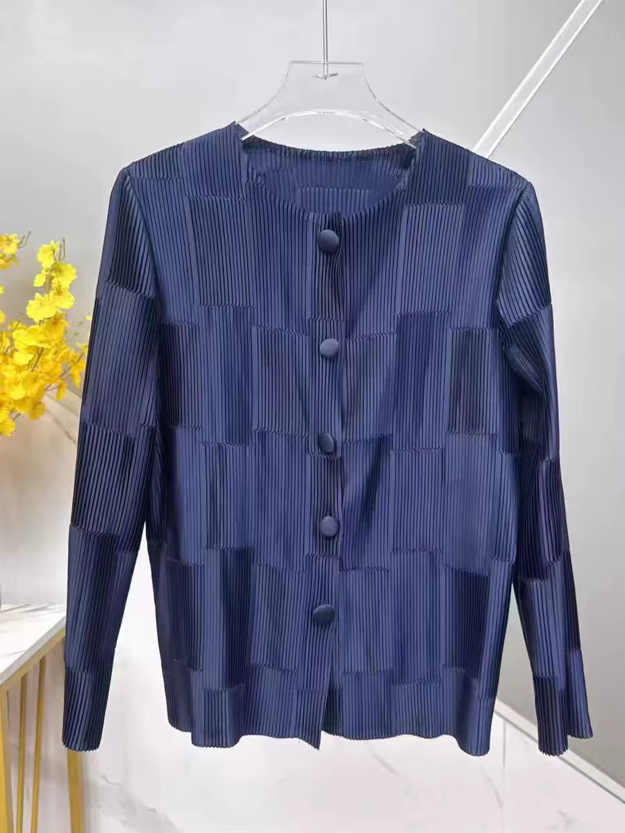 Cardigan plissé Miyake bleu marine à carreaux pour femmes, veste oversize décontractée pour toutes les saisons, idéal pour les sorties et les voyages