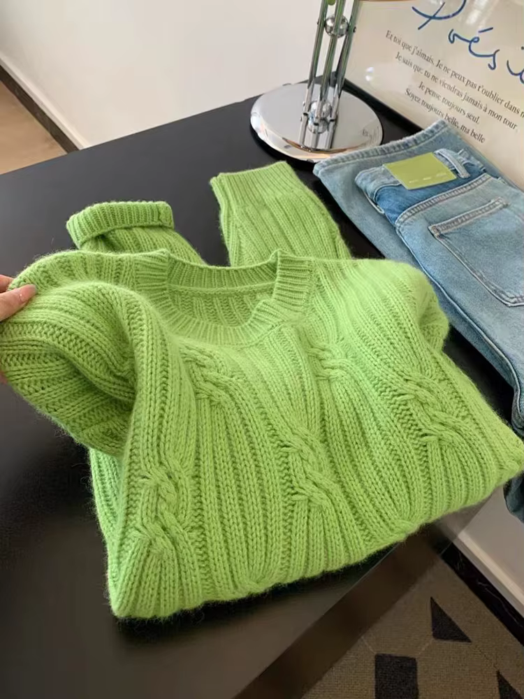 Pulls Verts Doux pour Femmes – Col Rond Tendance, Style Décontracté, Tricot Mignon, Coupe Ample, Style Preppy, Manches Longues, Automne Hiver