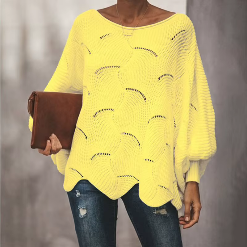 Pull irrégulier à col rond avec manches chauve-souris printemps automne couleur unie