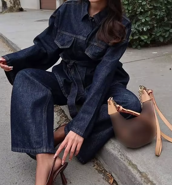 Col Denim boutonné tendance décontracté rétro polyvalent veste en jean + pantalon ensemble 2 pièces