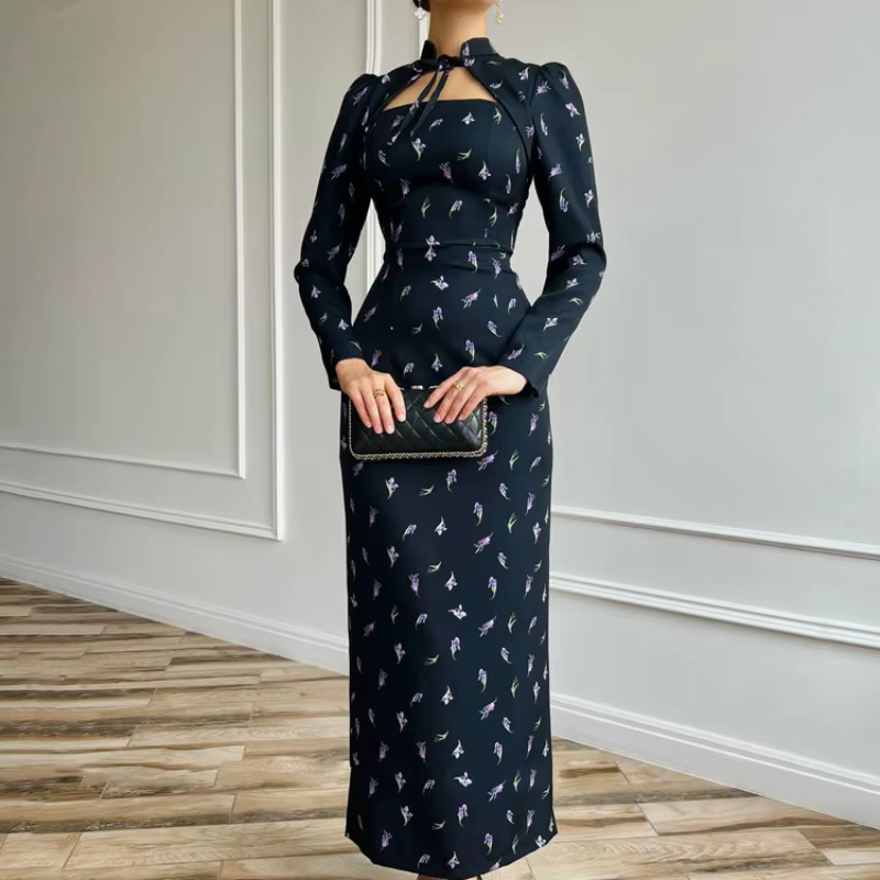 Robe à manches longues pour femmes, automne, bureau français, imprimé, col montant, Corset, fente fine, moulante, Robe longue, Club, Robe serrée