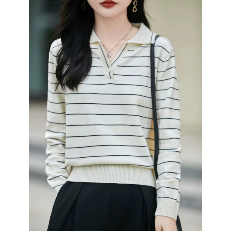 Pull à manches longues et col rayé de Style français pour femmes
