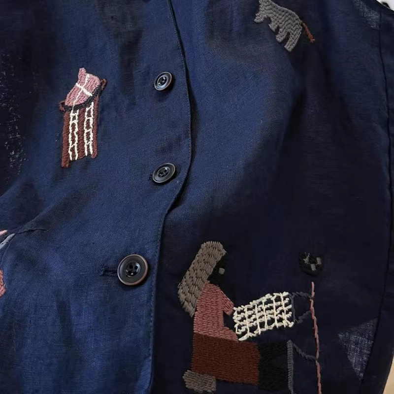 Gilet sans manches en lin brodé motif dessin animé vintage pour femme