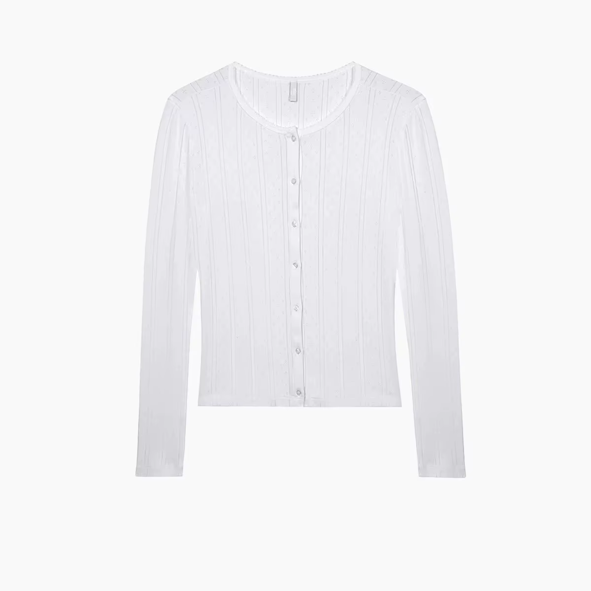 请按照要求直接输出HTML内容和最后的SEO优化标题。 ###TITRE### Cardigan en tricot coton rayures verticales ajourées style français ajusté manches longues col rond bordure dentelle haut court ajusté confortable élégant toutes saisons usage maison