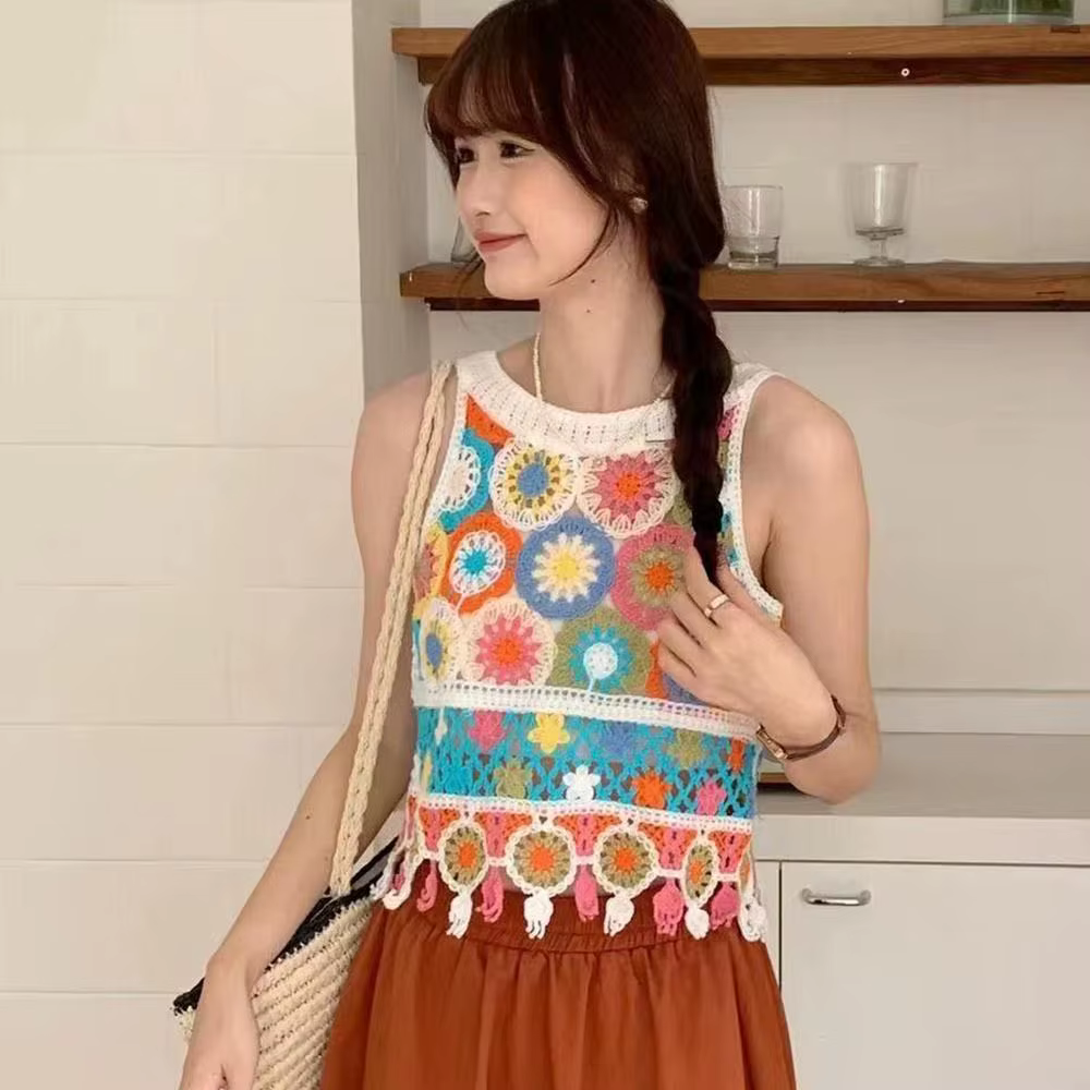 Gilet tricoté bohème mignon à col rond sans manches pour femme