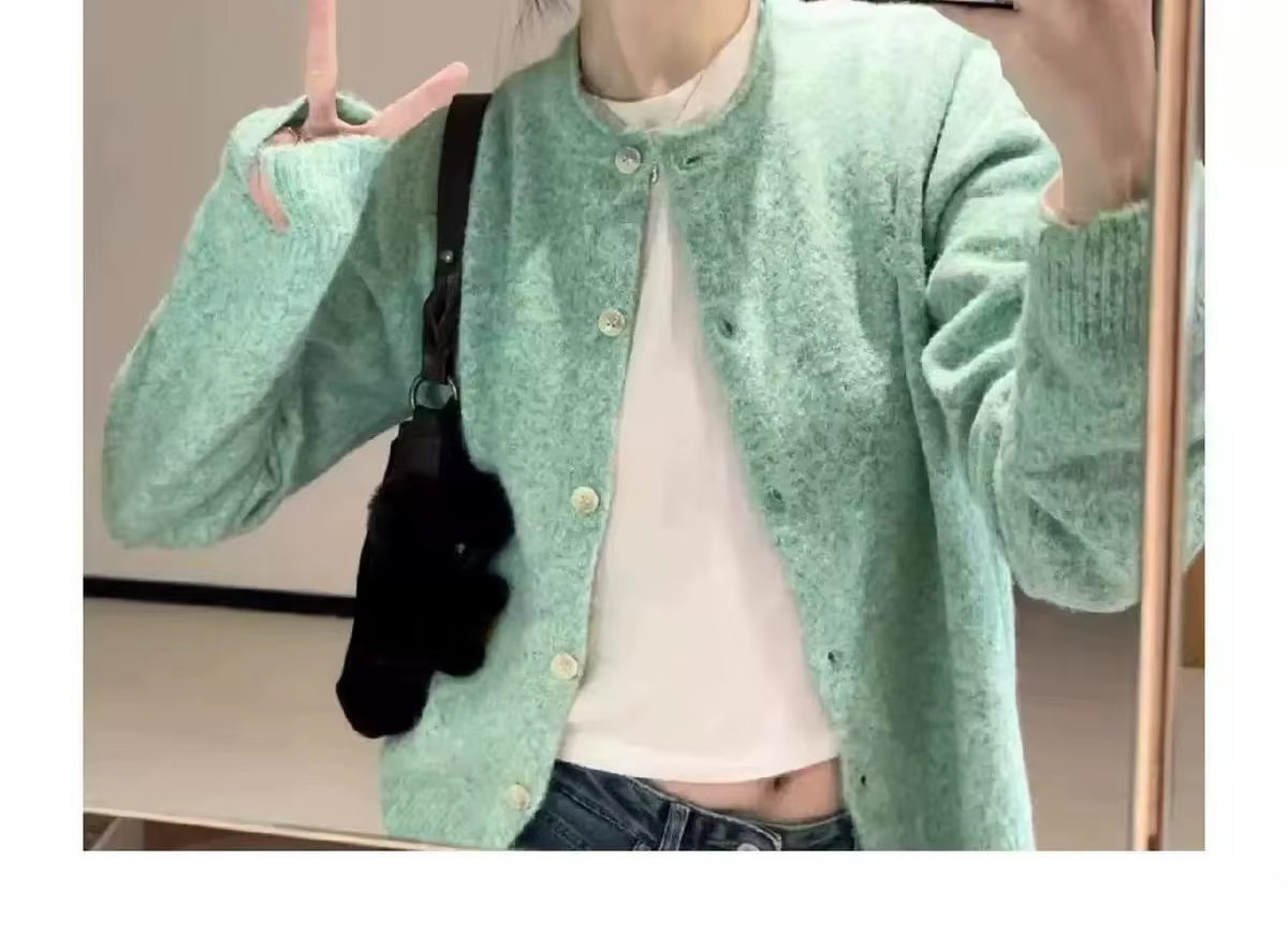 Tempérament: vert menthe bord roulé Cardigan pull veste femme printemps et automne haut début