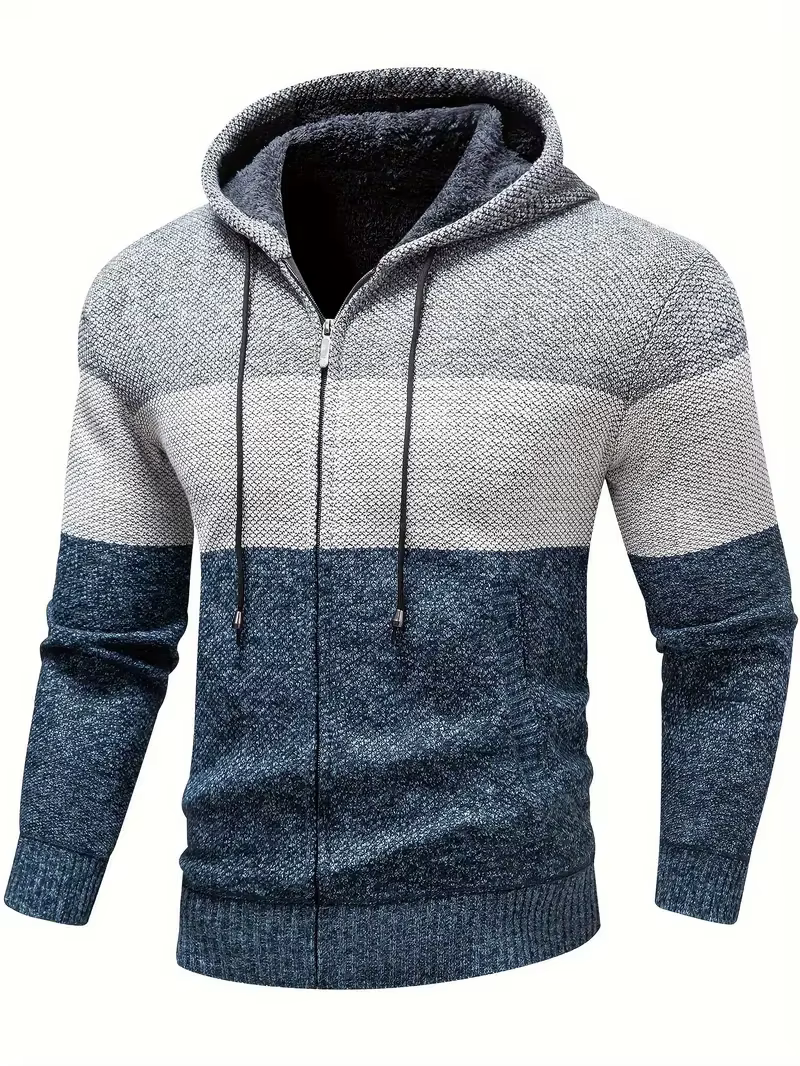 Cardigan à Capuche pour Homme, Vêtement Confortable et Chaud, Style Patchwork, Fermeture Éclair, Loisirs, Automne, Taille 3XL