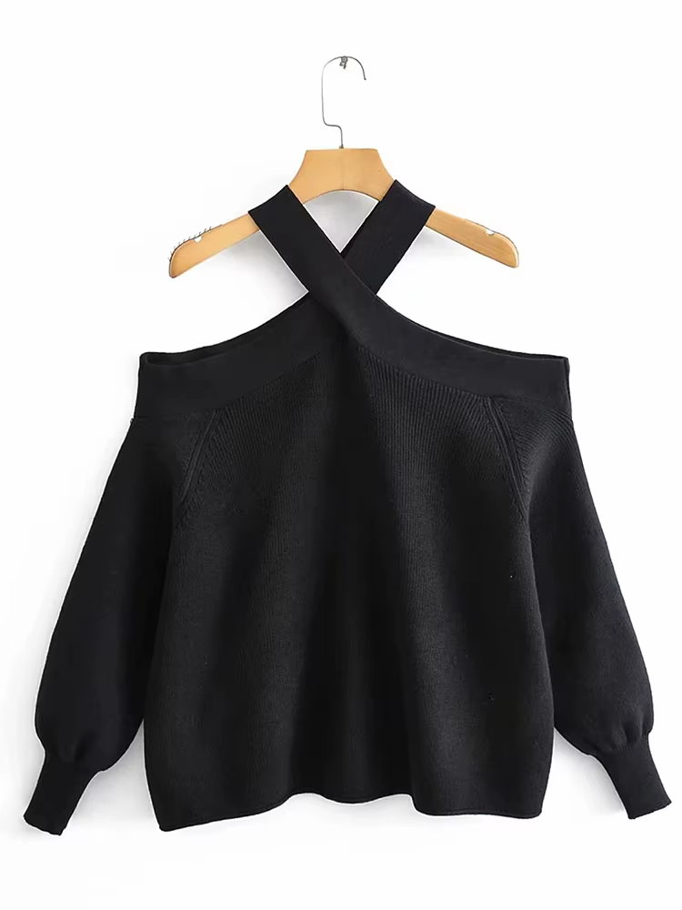 Pull à col licou croisé vintage en polyester et acrylique pour femmes occasions automne hiver ```