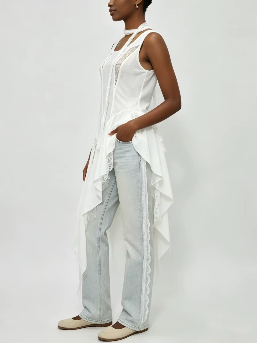Nouveau Gilet Chic VGH en Dentelle Ample et Épissée pour Femme, Col Rond, Sans Manches, Coupe Irrégulière, Style Tendance Estival Féminin