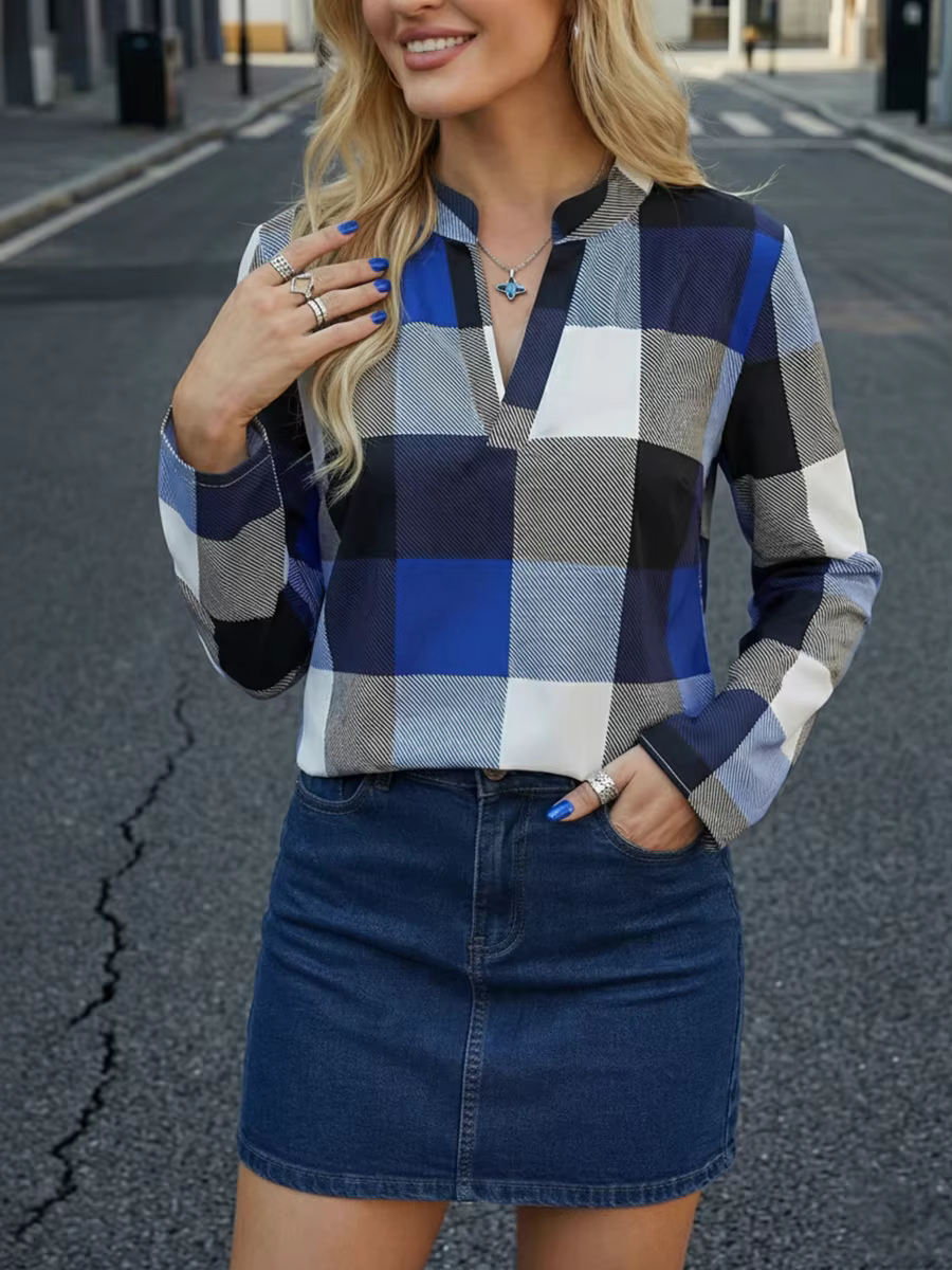 Chemisier à carreaux pour femme, col en V, manches longues, décontracté, ample, style vintage, printemps automne, pull, vêtements féminins