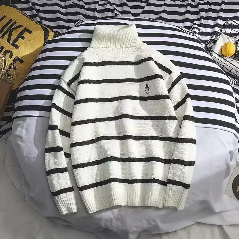 Pull en tricot homme rayé pulls vêtements pour hommes blanc col haut Harajuku décontracté col roulé hauts vieux coréen 2025 automne chaud