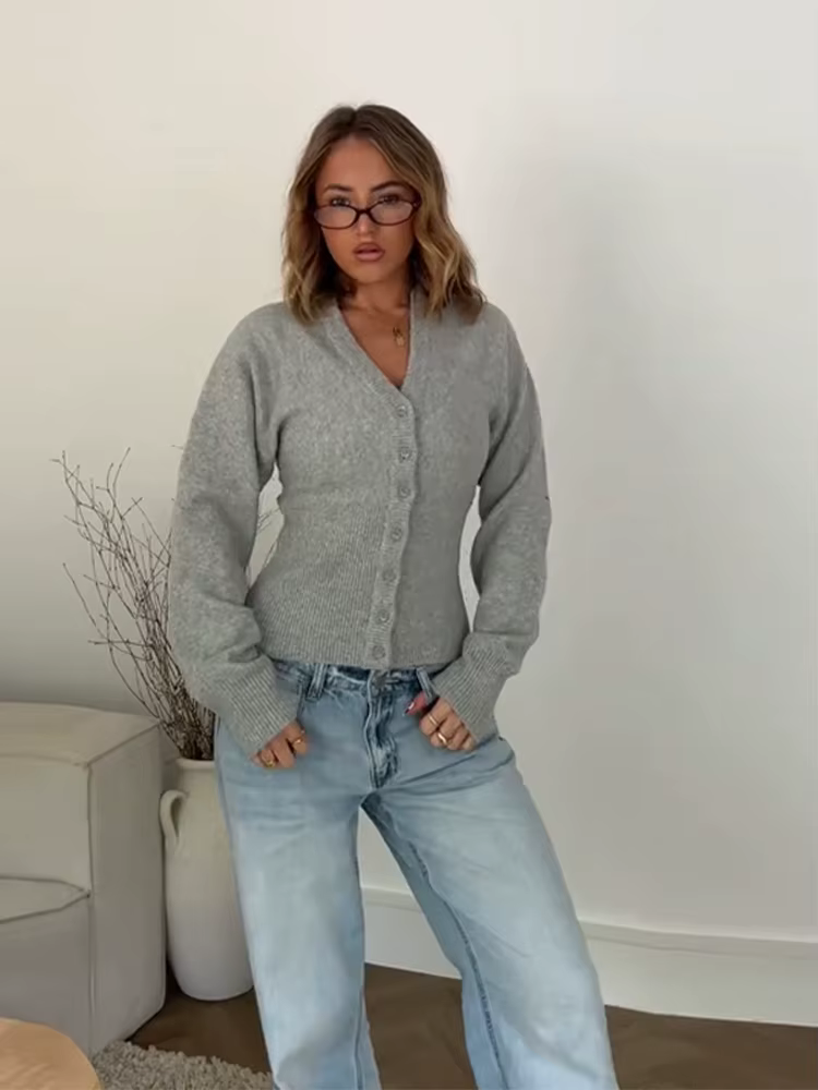 Mode col en v tricoté Cardigan femme solide simple boutonnage à manches longues mince à volants pull tricots dame Chic décontracté nouveau Cardigan
