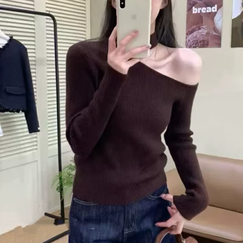 Automne Style coréen pull femmes hauts pullover épaules dénudées à manches longues tricoté chandails
