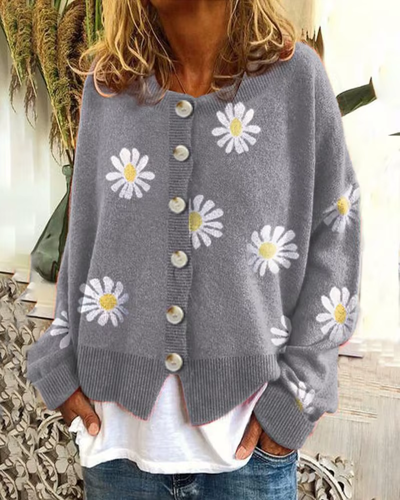 Femmes Cardigan pull tricoté col rond femme automne chrysanthème tricot chandails mode