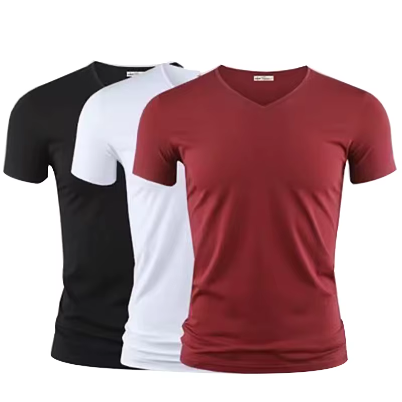 2026 hommes T-Shirt couleur Pure col en V à manches courtes hauts T-Shirts hommes T-Shirt collants noirs homme T-Shirts Fitness pour vêtements masculins