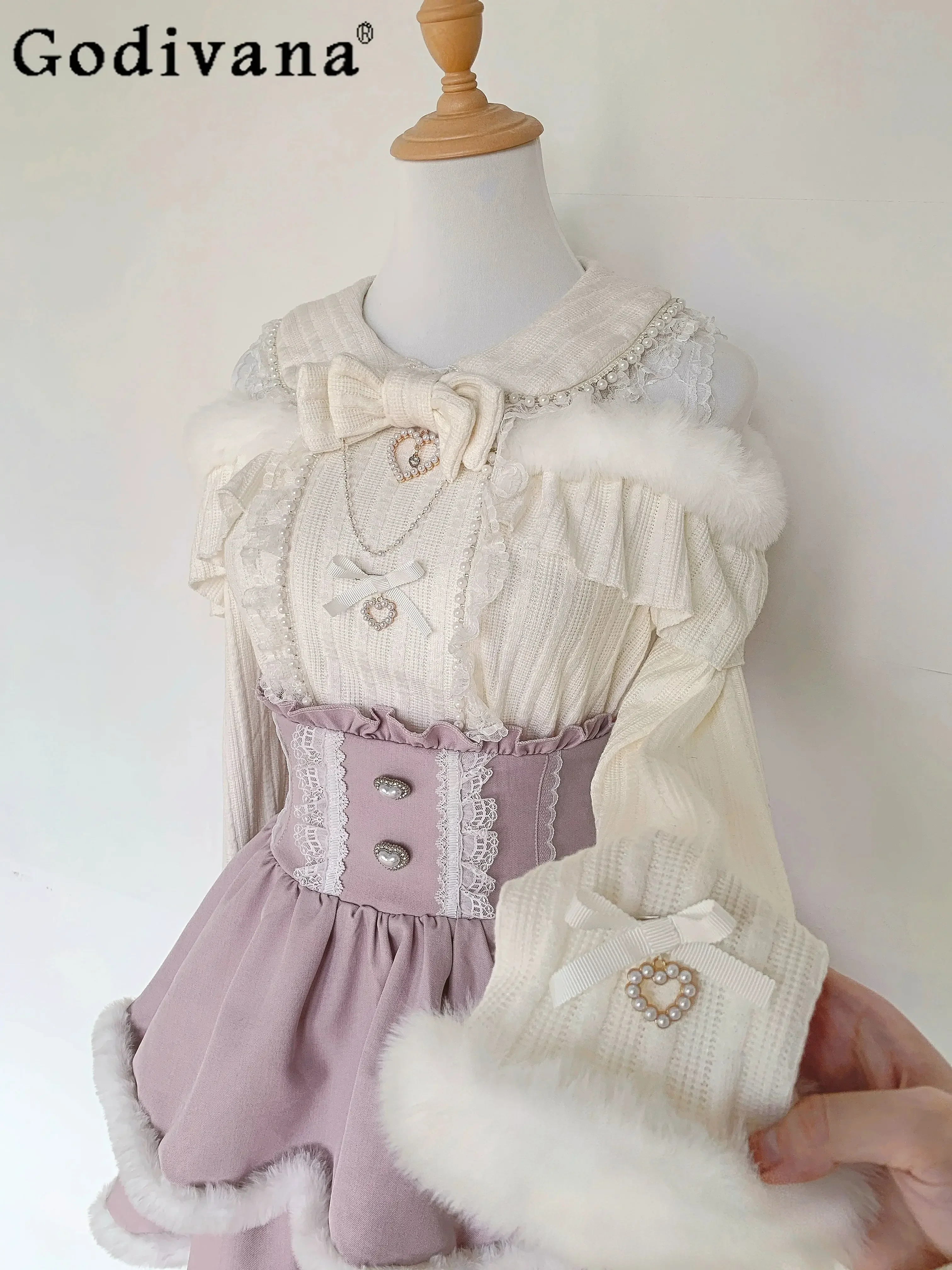 Style japonais Mine série Production de masse chandails dames haut Lolita femmes taille haute jupe à carreaux noire automne et hiver nouveau
