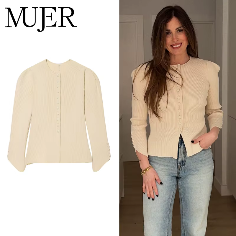 Cardigan Polo en Maille Femme 2026 – Manches Bouffantes