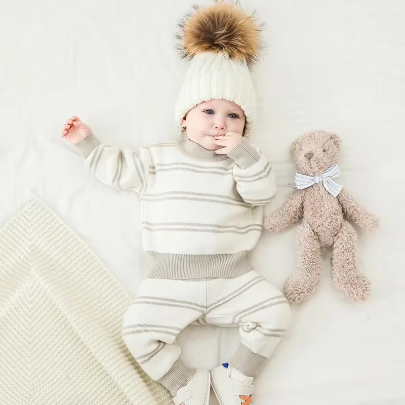 Nouveau-né bébé chandails garçon vêtements gris rayure bébé fille tenue ensemble tricot pull Ropa De Bebe Niña