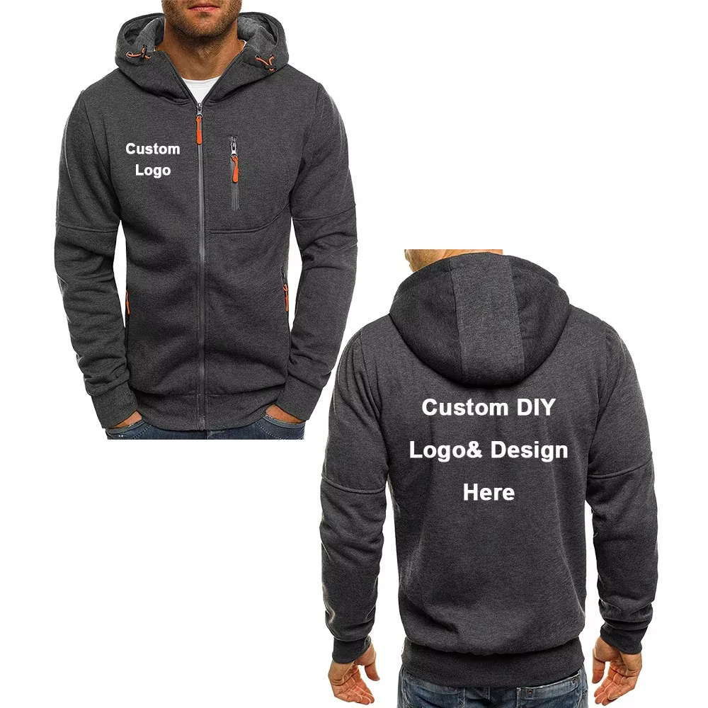 Veste à capuche avec fermeture éclair pour hommes, avec poches, texte d'image de logo personnalisé, streetwear de sport décontracté, pull en laine cardigan pour hommes, mode